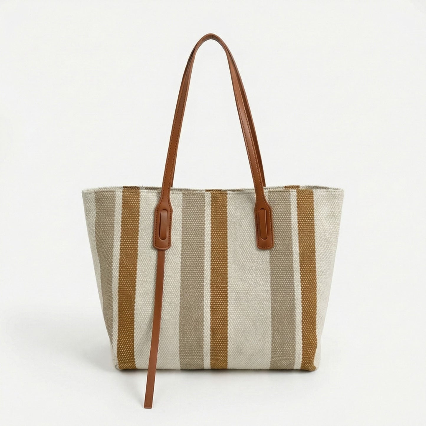 Striped Canvas Tote Bag Dual Shoulder Straps Structured Open Top Design