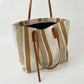 Striped Canvas Tote Bag Dual Shoulder Straps Structured Open Top Design