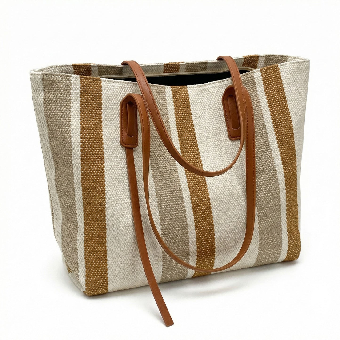 Striped Canvas Tote Bag Dual Shoulder Straps Structured Open Top Design