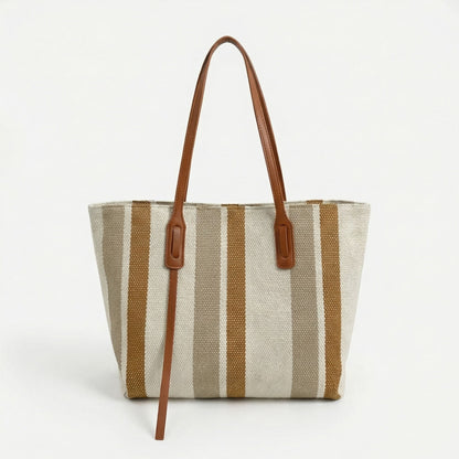 Striped Canvas Tote Bag Dual Shoulder Straps Structured Open Top Design