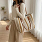 Striped Canvas Tote Bag Dual Shoulder Straps Structured Open Top Design