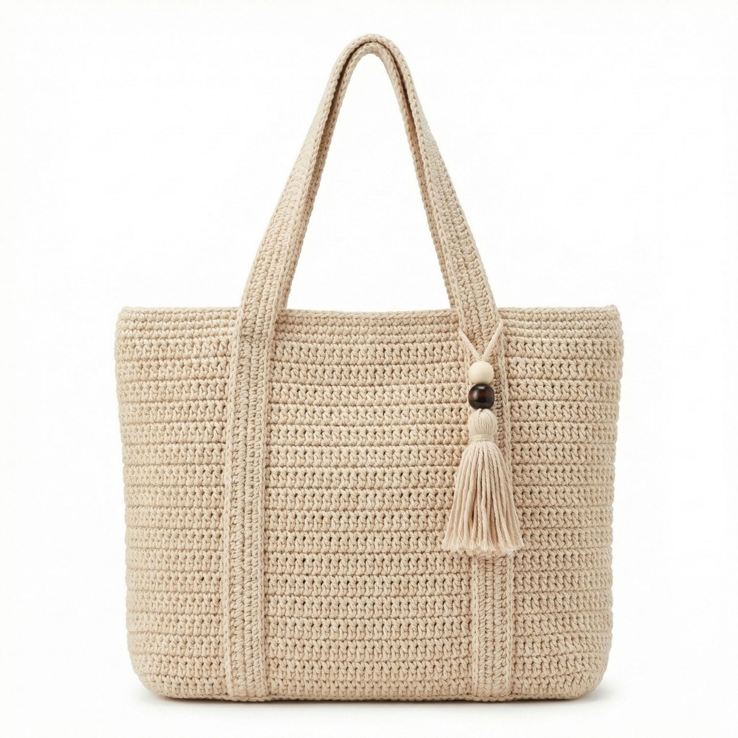 Crochet Tote Bag Structured Shape Dual Shoulder Straps Tassel Accent Detail