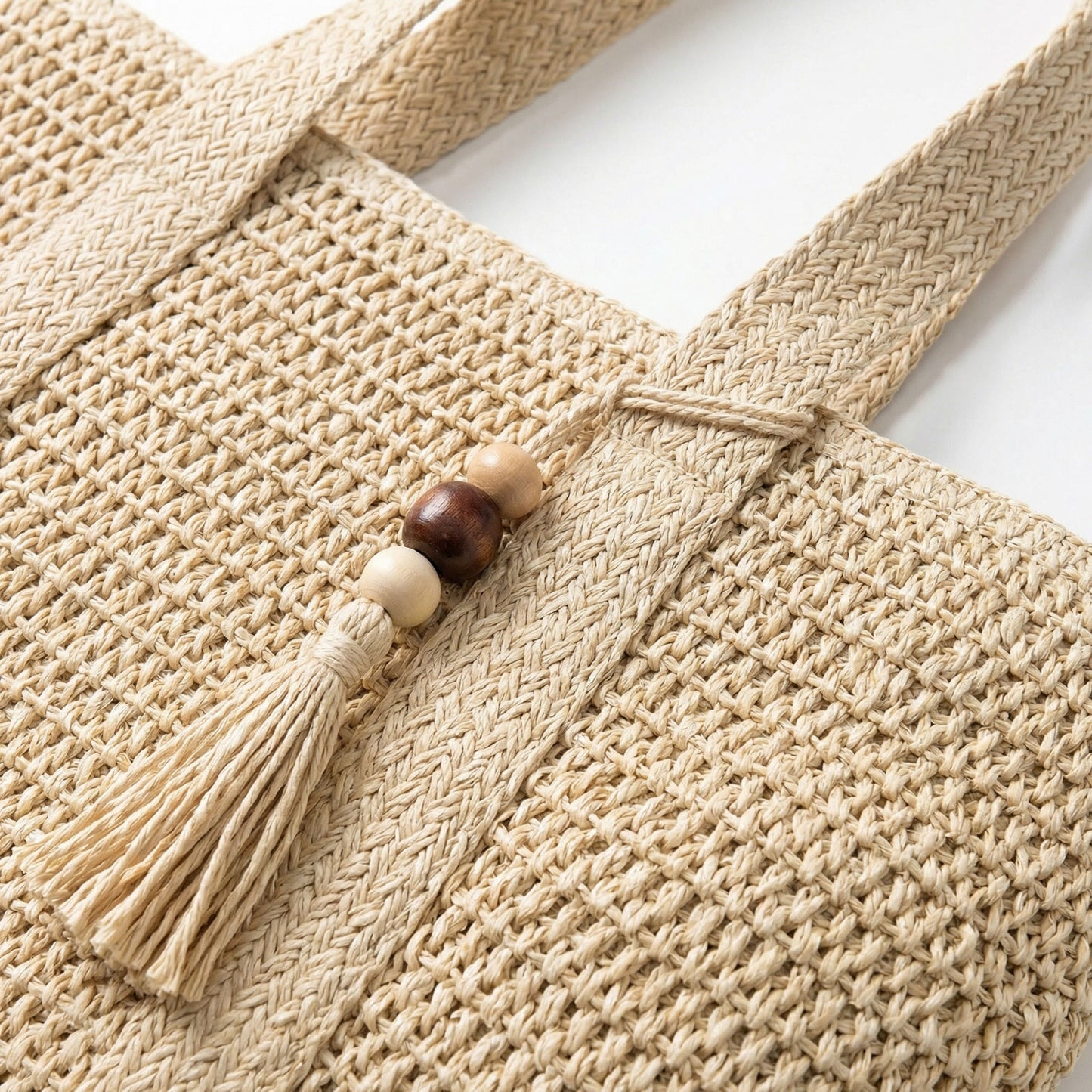 Crochet Tote Bag Structured Shape Dual Shoulder Straps Tassel Accent Detail
