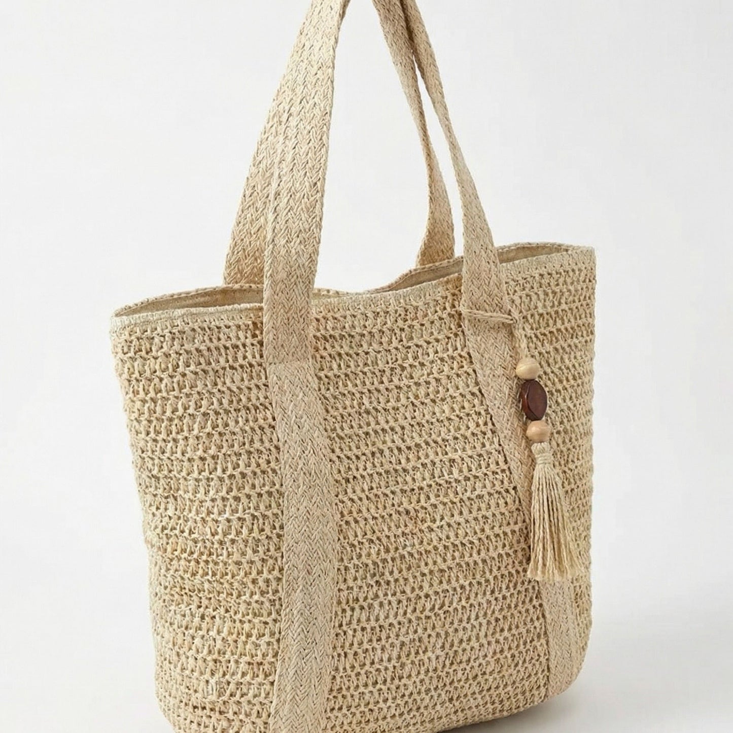 Crochet Tote Bag Structured Shape Dual Shoulder Straps Tassel Accent Detail