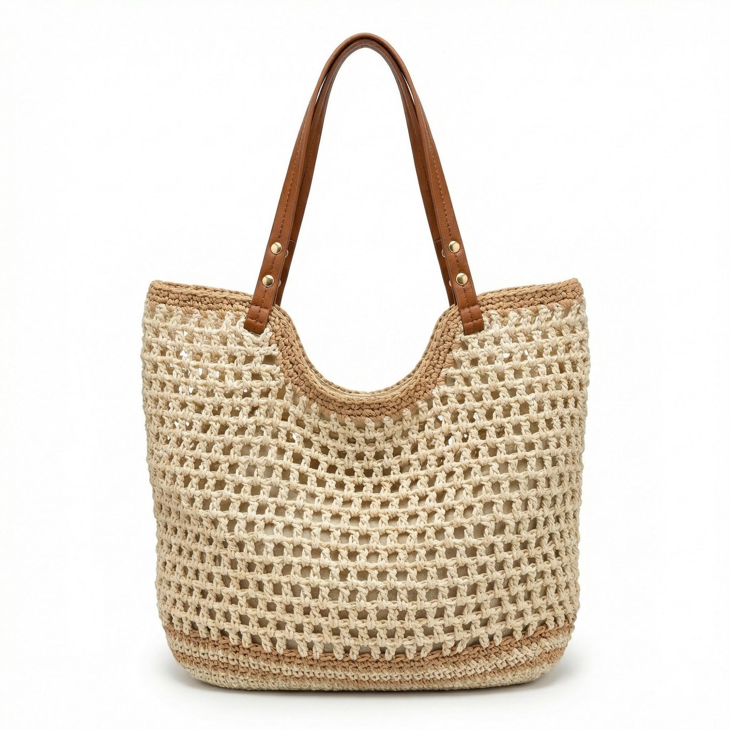 Crochet Tote Bag Open Knit Design Dual Shoulder Straps Slouchy Structured Shape