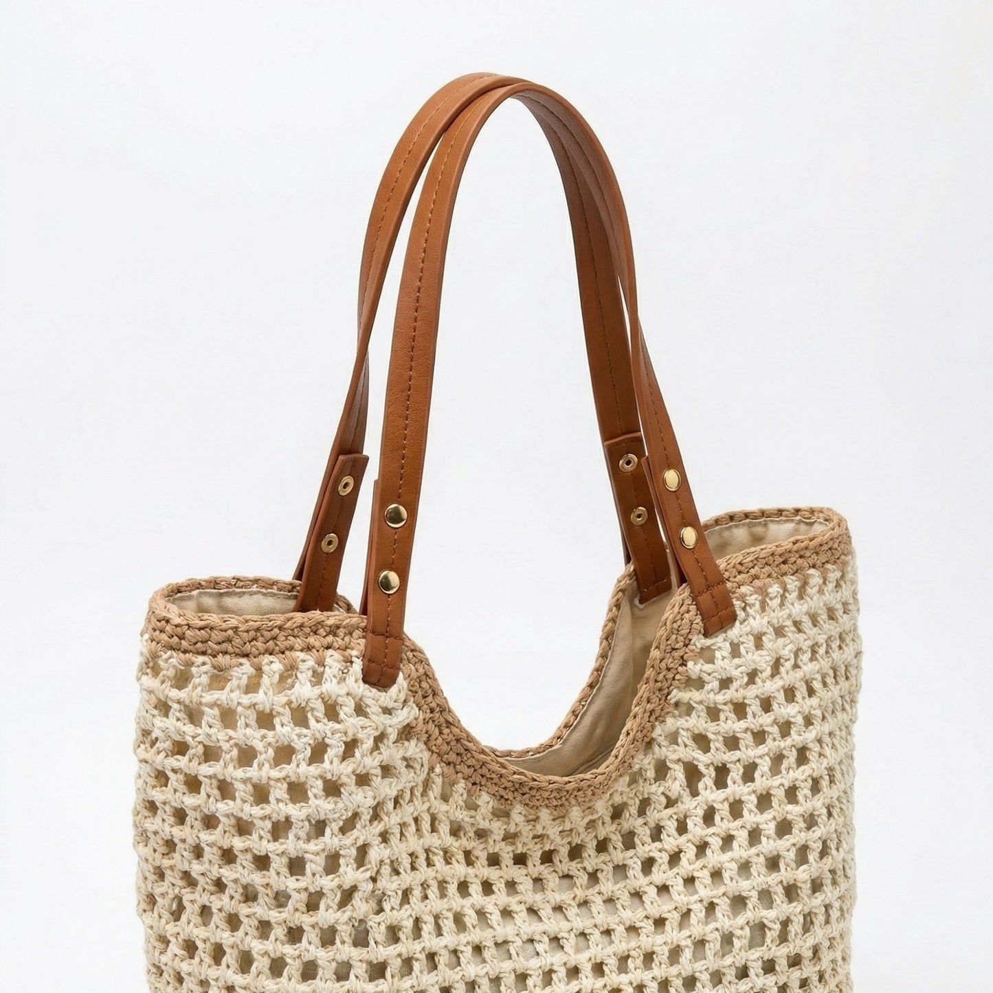 Crochet Tote Bag Open Knit Design Dual Shoulder Straps Slouchy Structured Shape