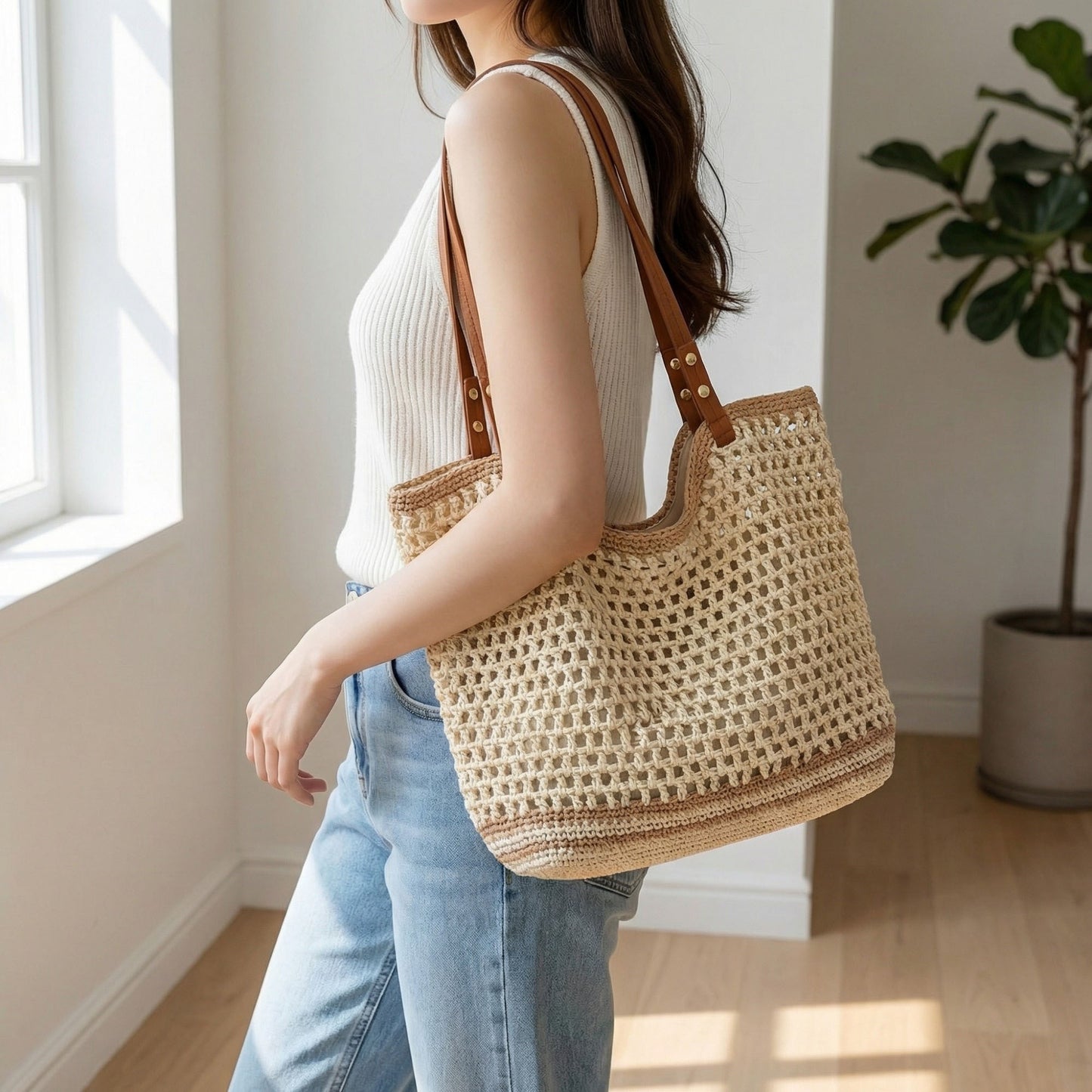 Crochet Tote Bag Open Knit Design Dual Shoulder Straps Slouchy Structured Shape
