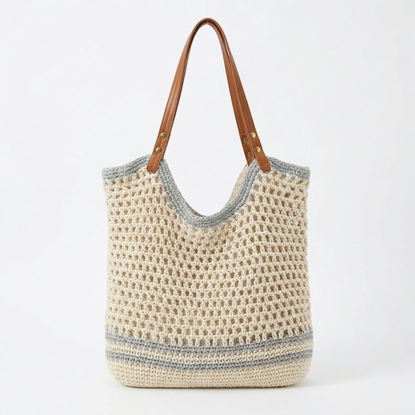 Crochet Tote Bag Open Knit Design Dual Shoulder Straps Slouchy Structured Shape
