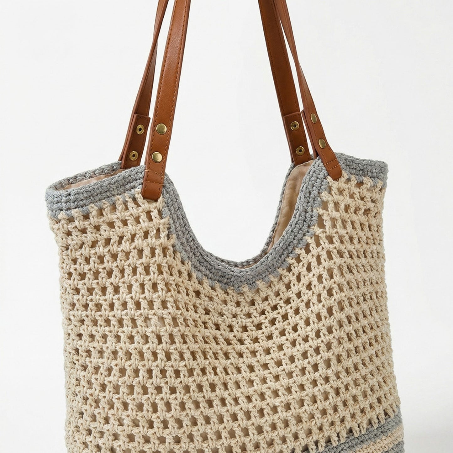 Crochet Tote Bag Open Knit Design Dual Shoulder Straps Slouchy Structured Shape