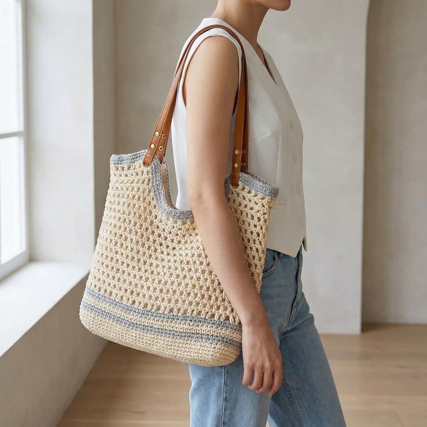 Crochet Tote Bag Open Knit Design Dual Shoulder Straps Slouchy Structured Shape