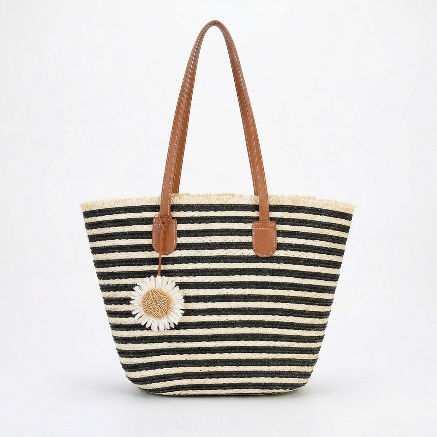 Striped Woven Tote Bag Dual Shoulder Straps Frayed Edge Trim Detail