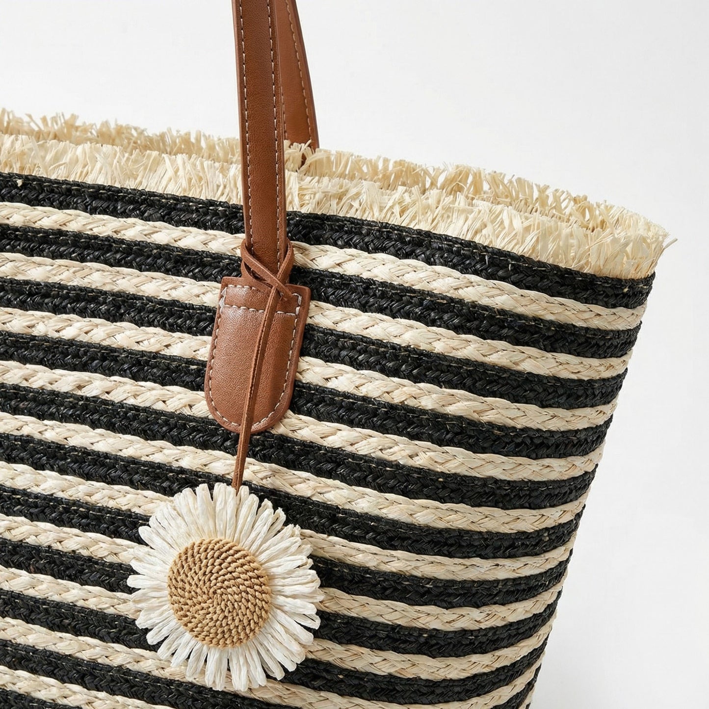 Striped Woven Tote Bag Dual Shoulder Straps Frayed Edge Trim Detail