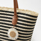 Striped Woven Tote Bag Dual Shoulder Straps Frayed Edge Trim Detail