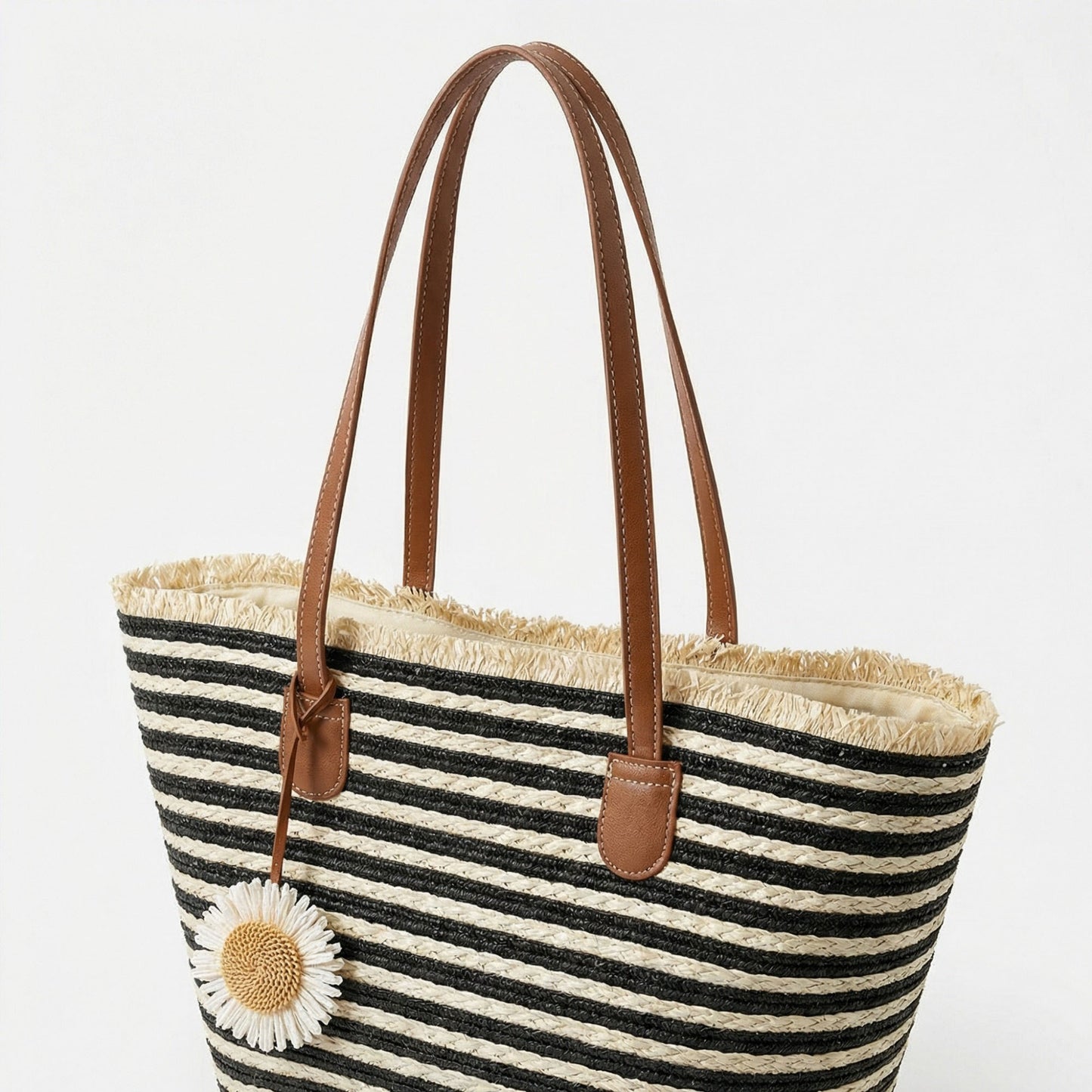 Striped Woven Tote Bag Dual Shoulder Straps Frayed Edge Trim Detail