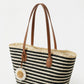 Striped Woven Tote Bag Dual Shoulder Straps Frayed Edge Trim Detail