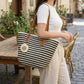 Striped Woven Tote Bag Dual Shoulder Straps Frayed Edge Trim Detail