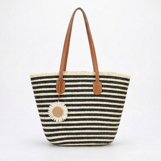Striped Woven Tote Bag Dual Shoulder Straps Frayed Edge Trim Detail