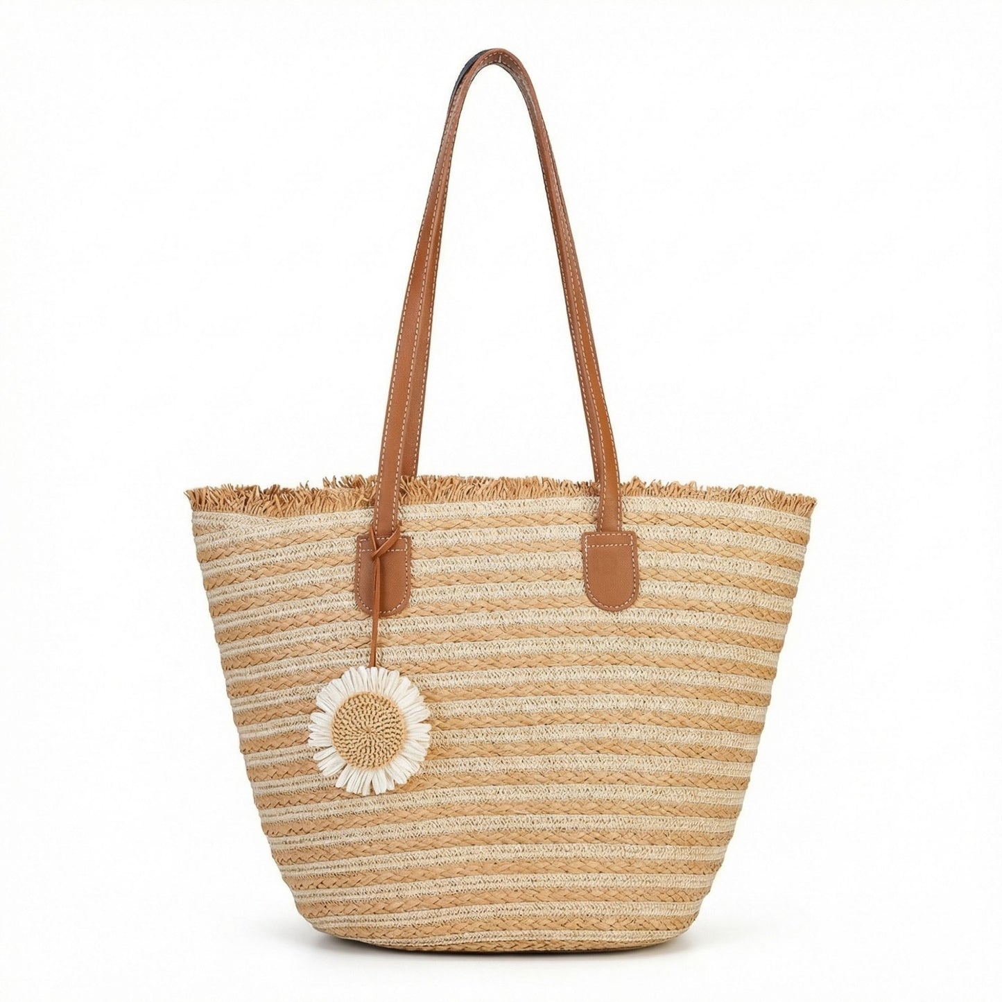 Striped Woven Tote Bag Dual Shoulder Straps Frayed Edge Trim Detail