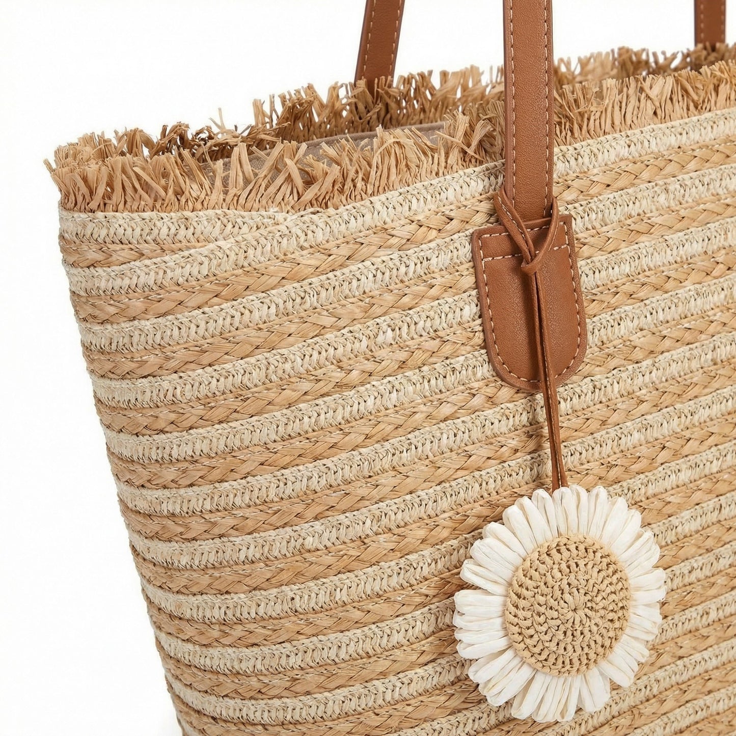 Striped Woven Tote Bag Dual Shoulder Straps Frayed Edge Trim Detail