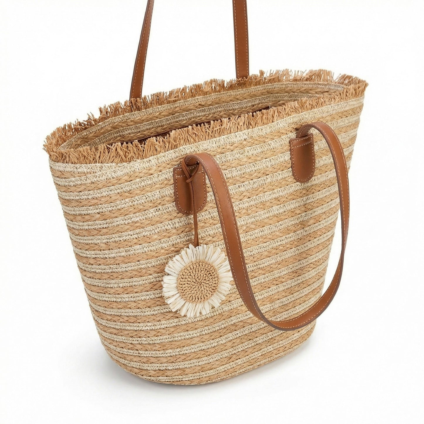 Striped Woven Tote Bag Dual Shoulder Straps Frayed Edge Trim Detail