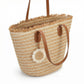 Striped Woven Tote Bag Dual Shoulder Straps Frayed Edge Trim Detail