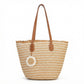 Striped Woven Tote Bag Dual Shoulder Straps Frayed Edge Trim Detail
