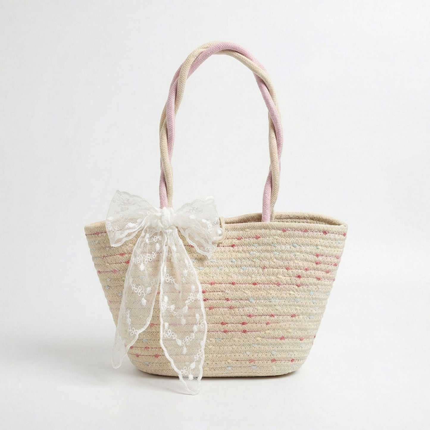 Woven Straw Mini Tote Bag Lace Bow Accent Dual Top Handles Structured Design