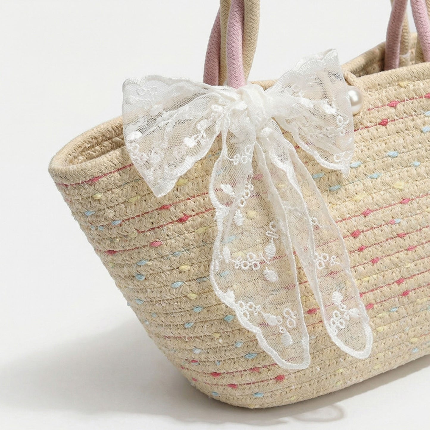 Woven Straw Mini Tote Bag Lace Bow Accent Dual Top Handles Structured Design