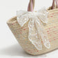 Woven Straw Mini Tote Bag Lace Bow Accent Dual Top Handles Structured Design
