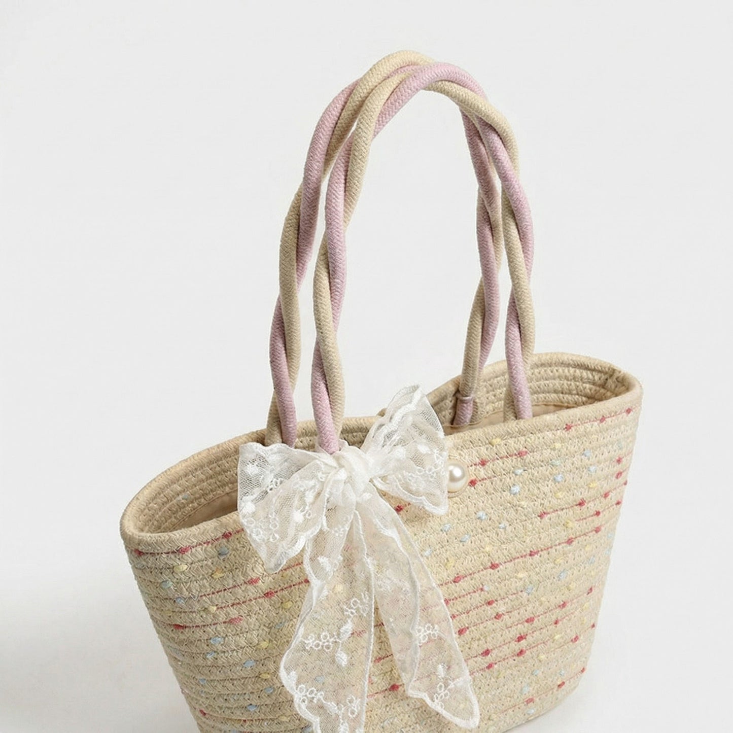 Woven Straw Mini Tote Bag Lace Bow Accent Dual Top Handles Structured Design