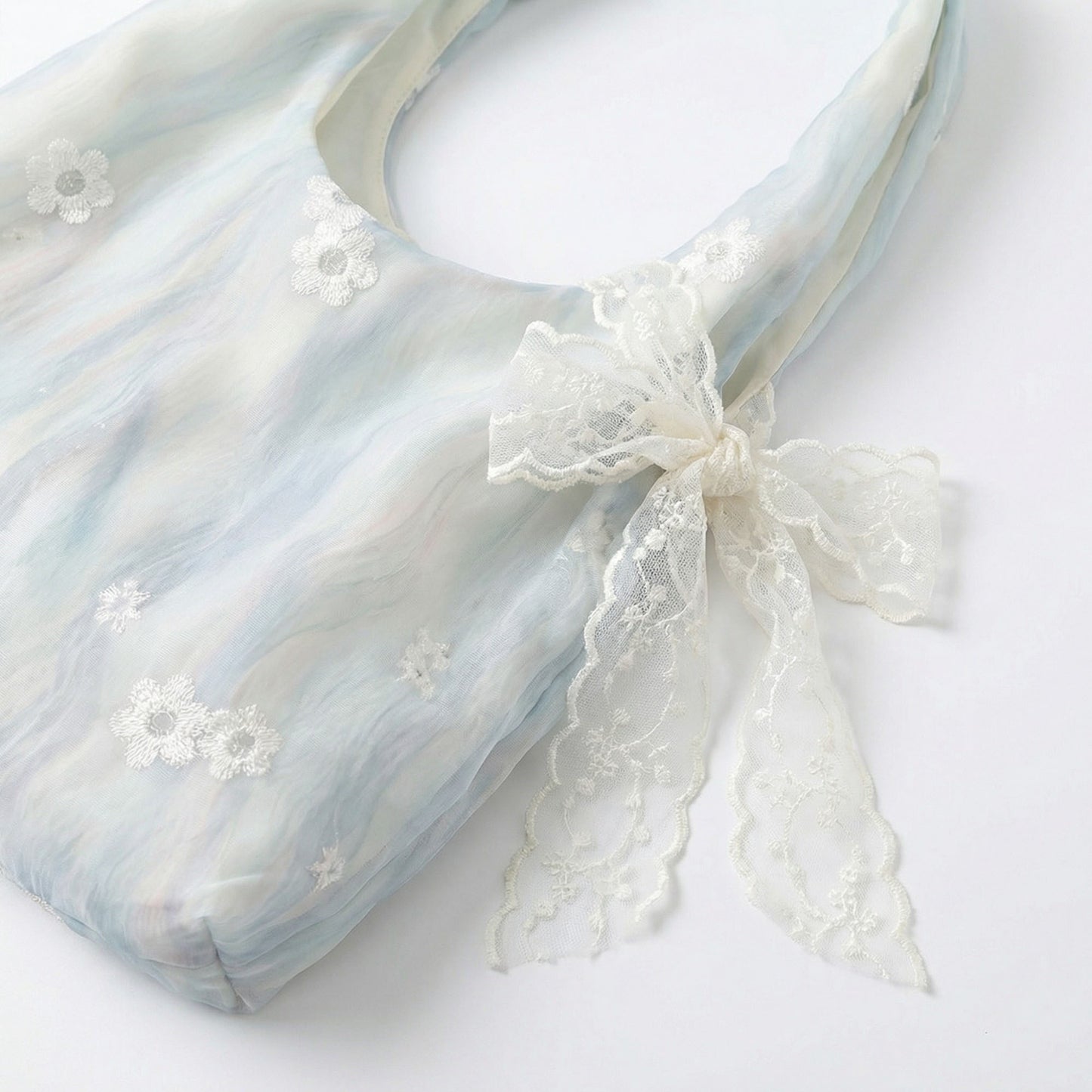 Soft Shoulder Bag Floral Embroidery Lace Bow Detail Slouchy Hobo Silhouette
