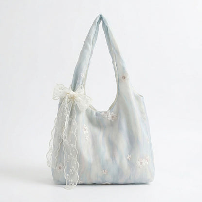 Soft Shoulder Bag Floral Embroidery Lace Bow Detail Slouchy Hobo Silhouette