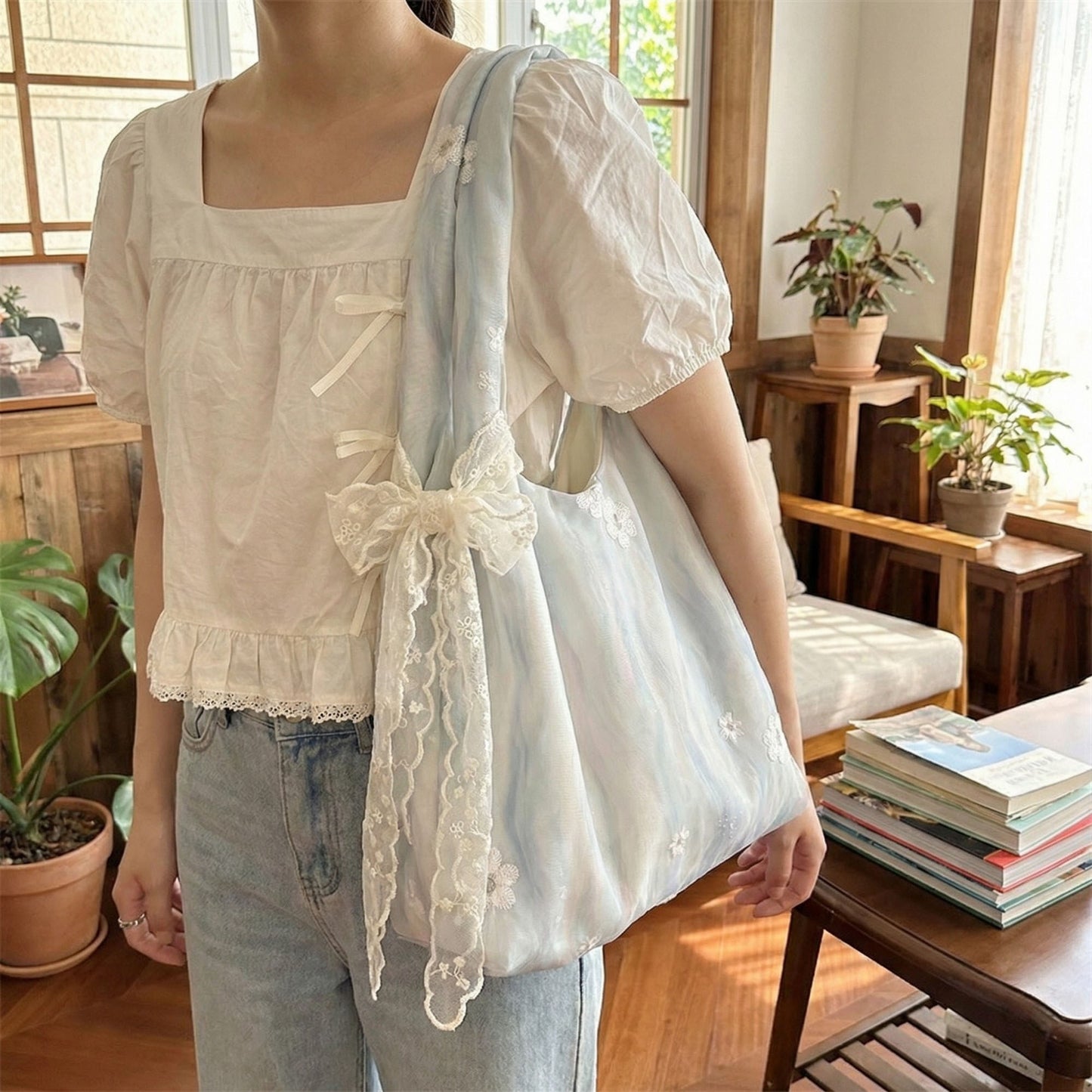 Soft Shoulder Bag Floral Embroidery Lace Bow Detail Slouchy Hobo Silhouette