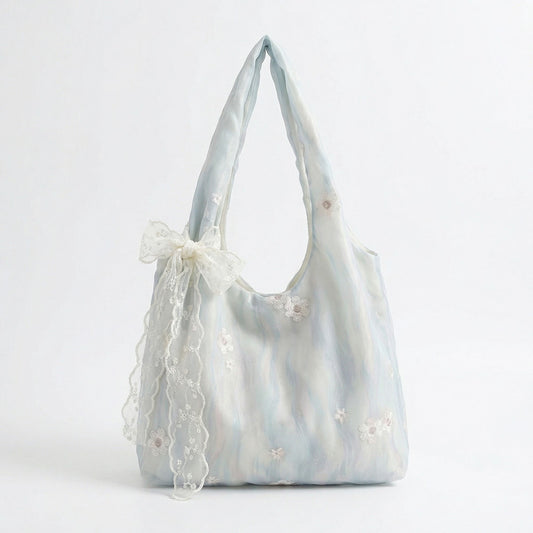 Soft Shoulder Bag Floral Embroidery Lace Bow Detail Slouchy Hobo Silhouette