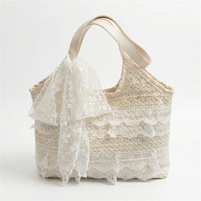 Women Lace Shoulder Tote Bag with Bow Detail Soft Structured Handbag