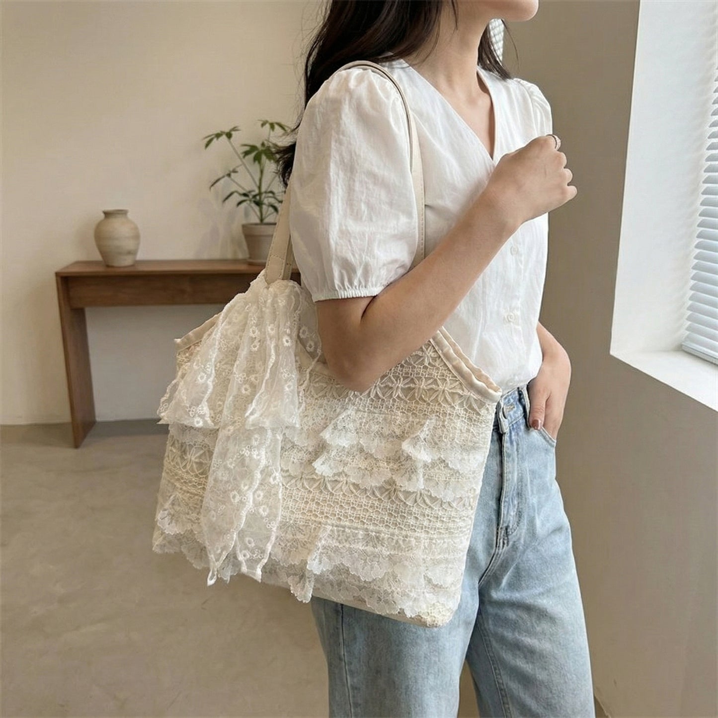 Women Lace Shoulder Tote Bag with Bow Detail Soft Structured Handbag