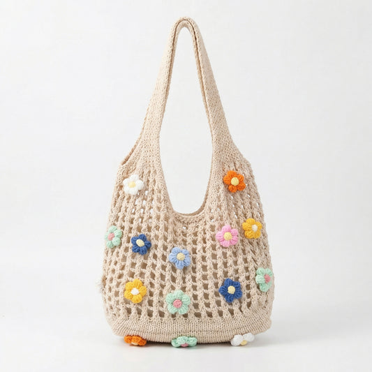 Women Crochet Shoulder Tote Bag Floral Applique Lightweight Slouchy Handbag