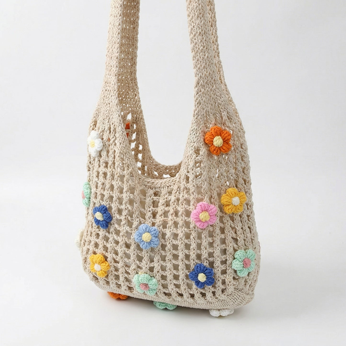 Women Crochet Shoulder Tote Bag Floral Applique Lightweight Slouchy Handbag