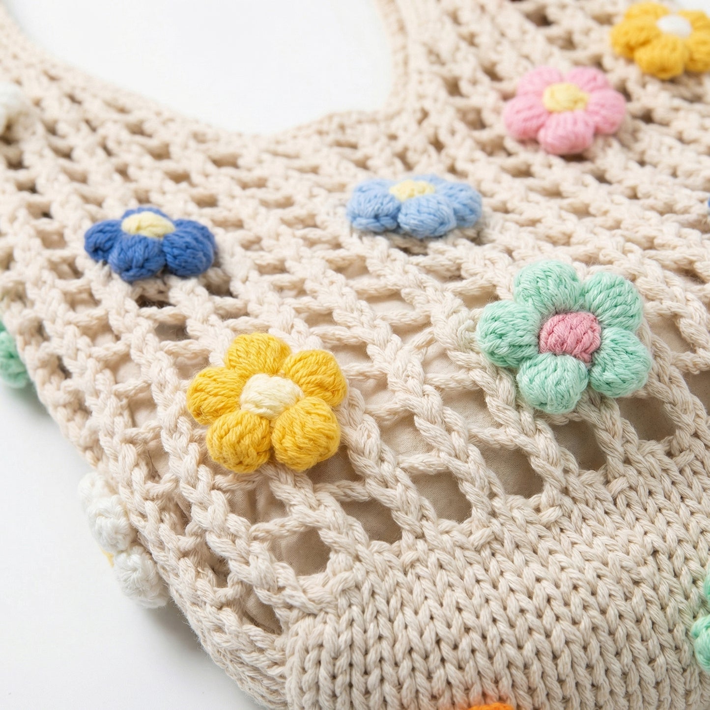 Women Crochet Shoulder Tote Bag Floral Applique Lightweight Slouchy Handbag