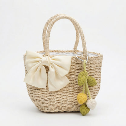 Women Straw Top Handle Tote Bag Bow Detail Drawstring Lining Summer Handbag