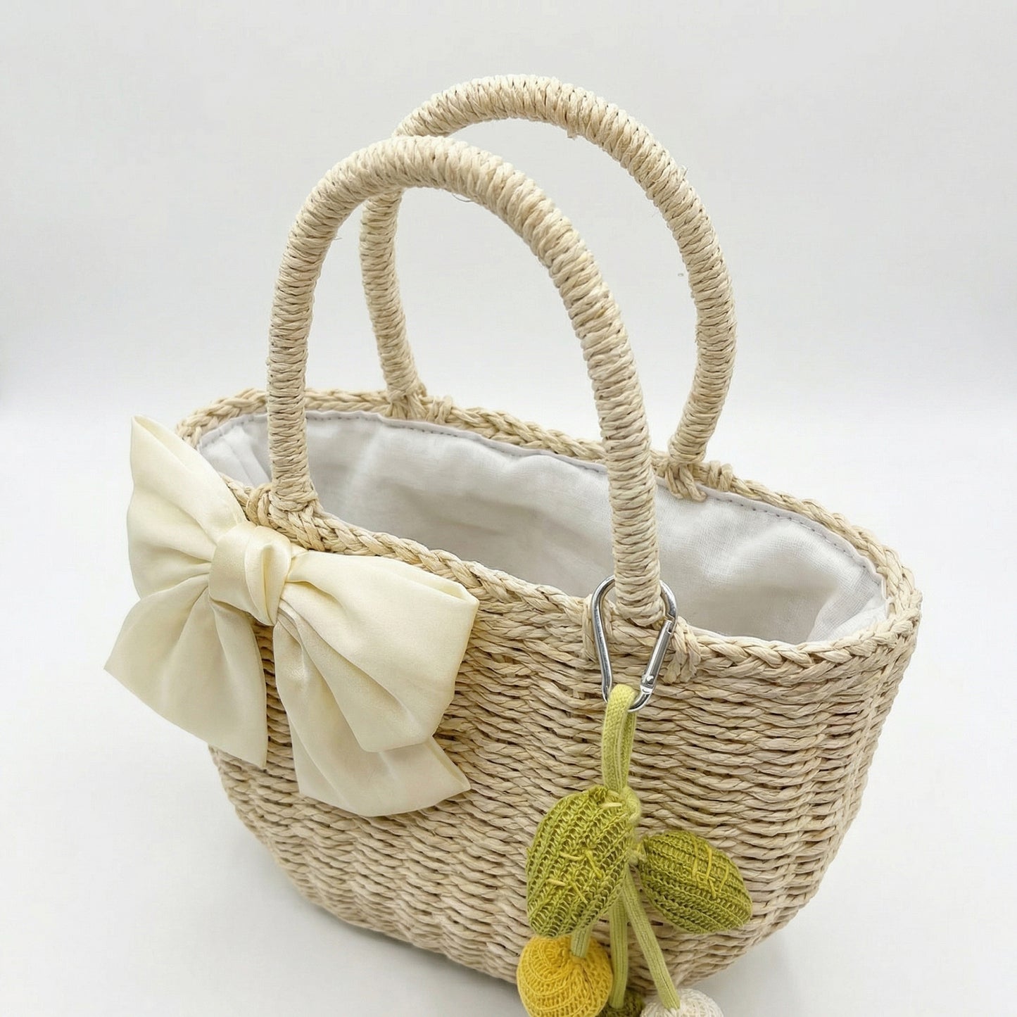 Women Straw Top Handle Tote Bag Bow Detail Drawstring Lining Summer Handbag