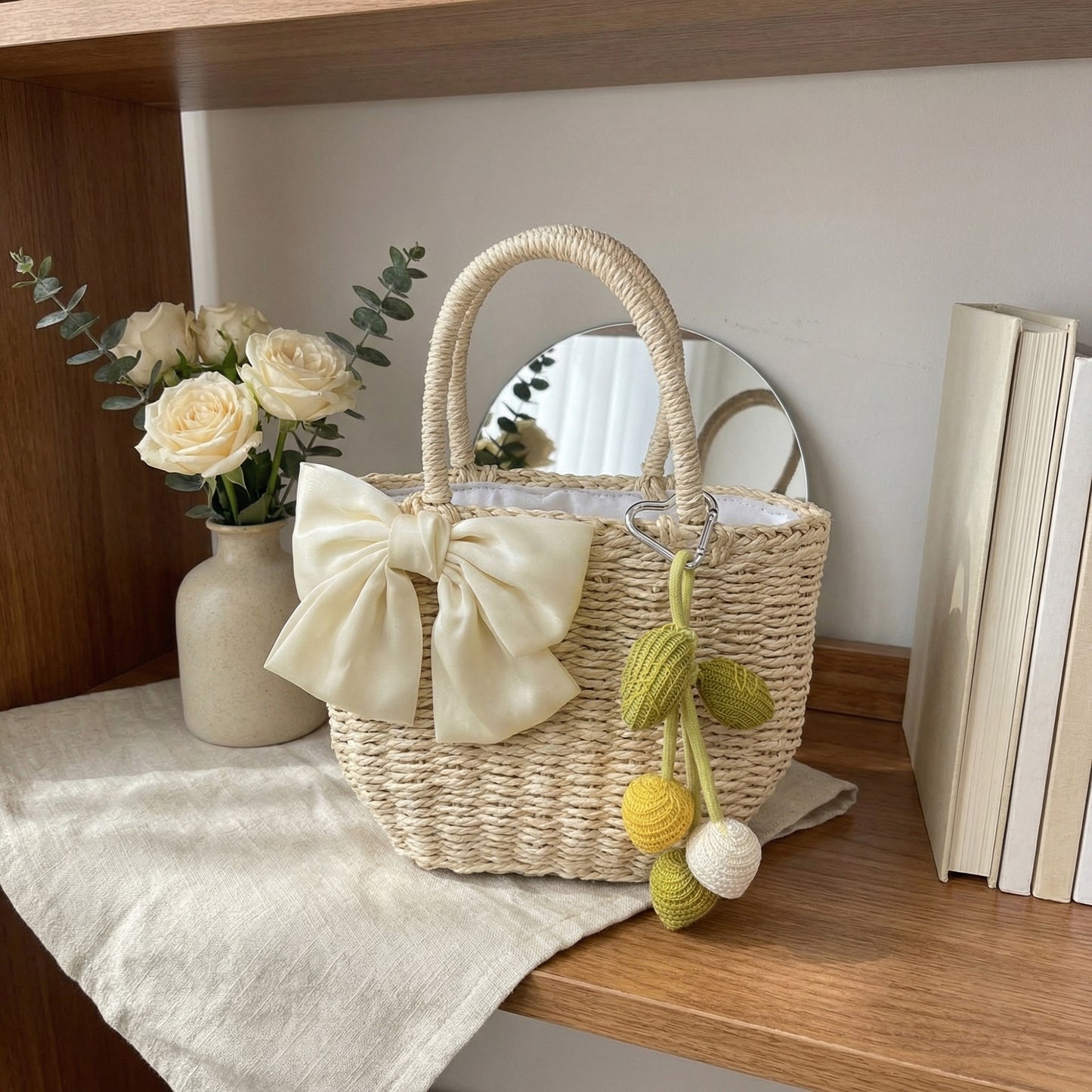 Women Straw Top Handle Tote Bag Bow Detail Drawstring Lining Summer Handbag