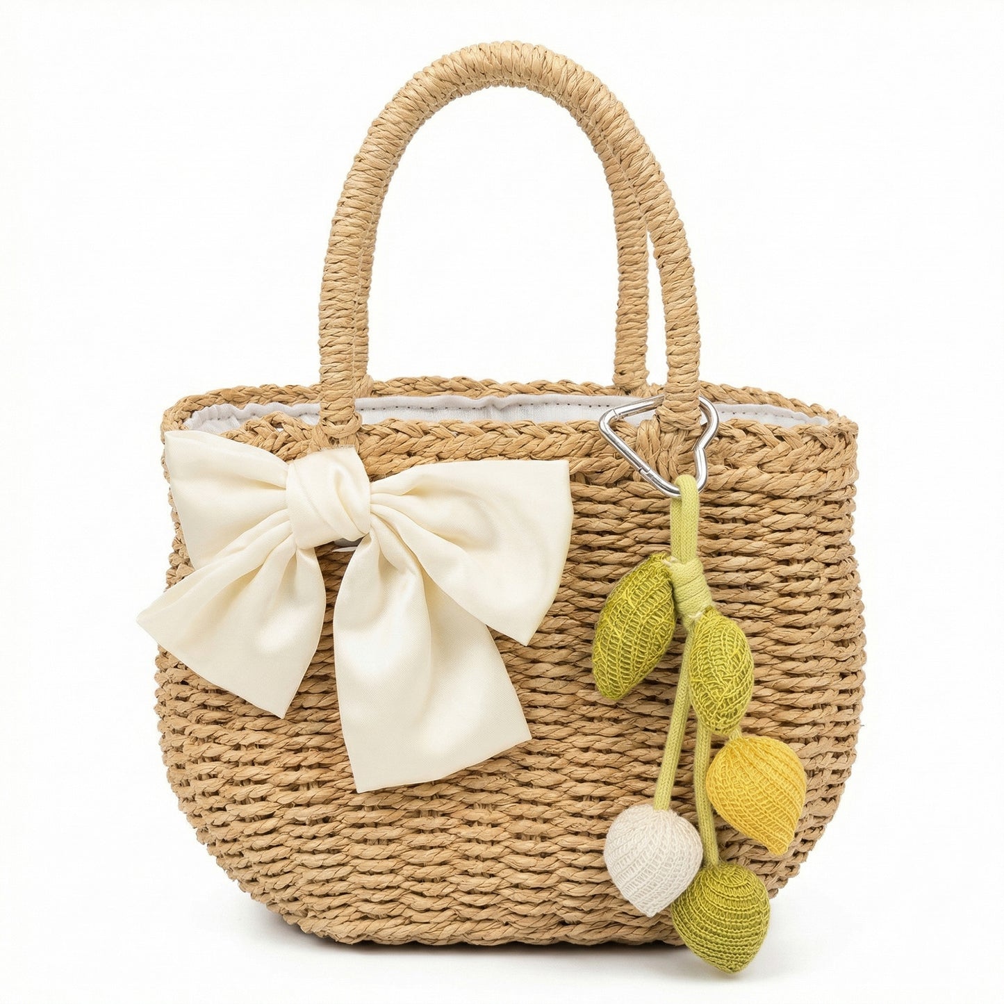 Women Straw Top Handle Tote Bag Bow Detail Drawstring Lining Summer Handbag