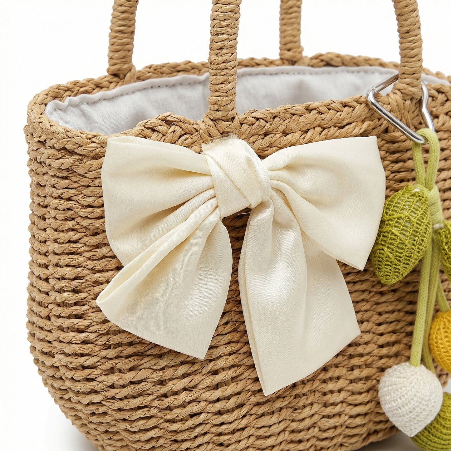Women Straw Top Handle Tote Bag Bow Detail Drawstring Lining Summer Handbag
