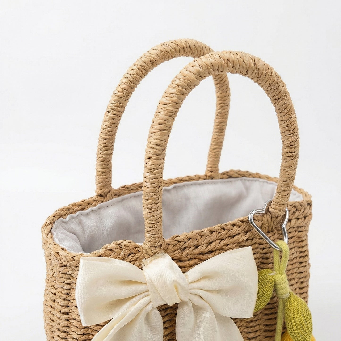 Women Straw Top Handle Tote Bag Bow Detail Drawstring Lining Summer Handbag