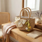 Women Straw Top Handle Tote Bag Bow Detail Drawstring Lining Summer Handbag