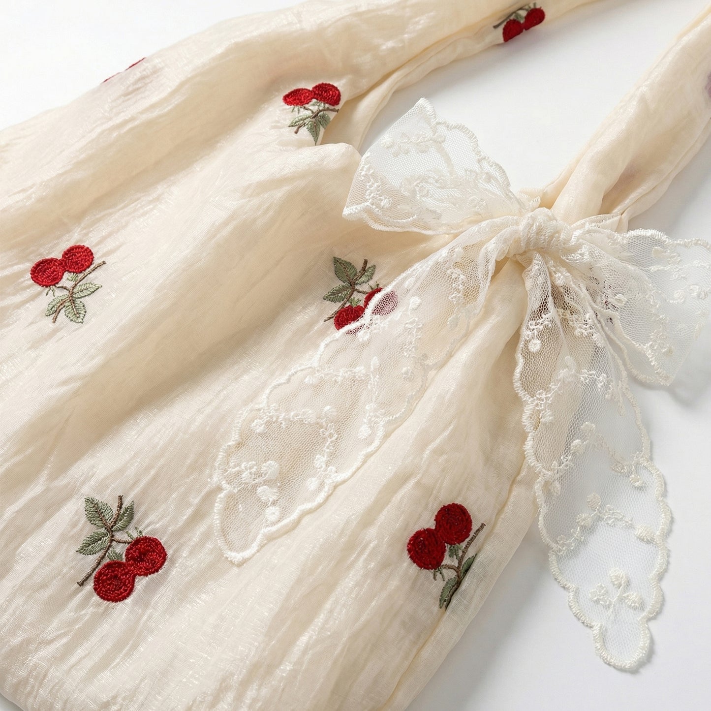 Women Embroidered Cherry Shoulder Tote Bag Lace Bow Detail Soft Slouchy Handbag