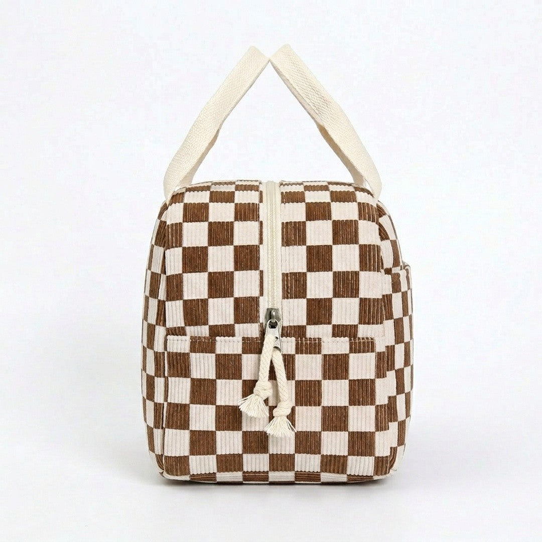 Checkered Zip Top Lunch Bag Insulated Small Tote with Handle Portable Food Carrier