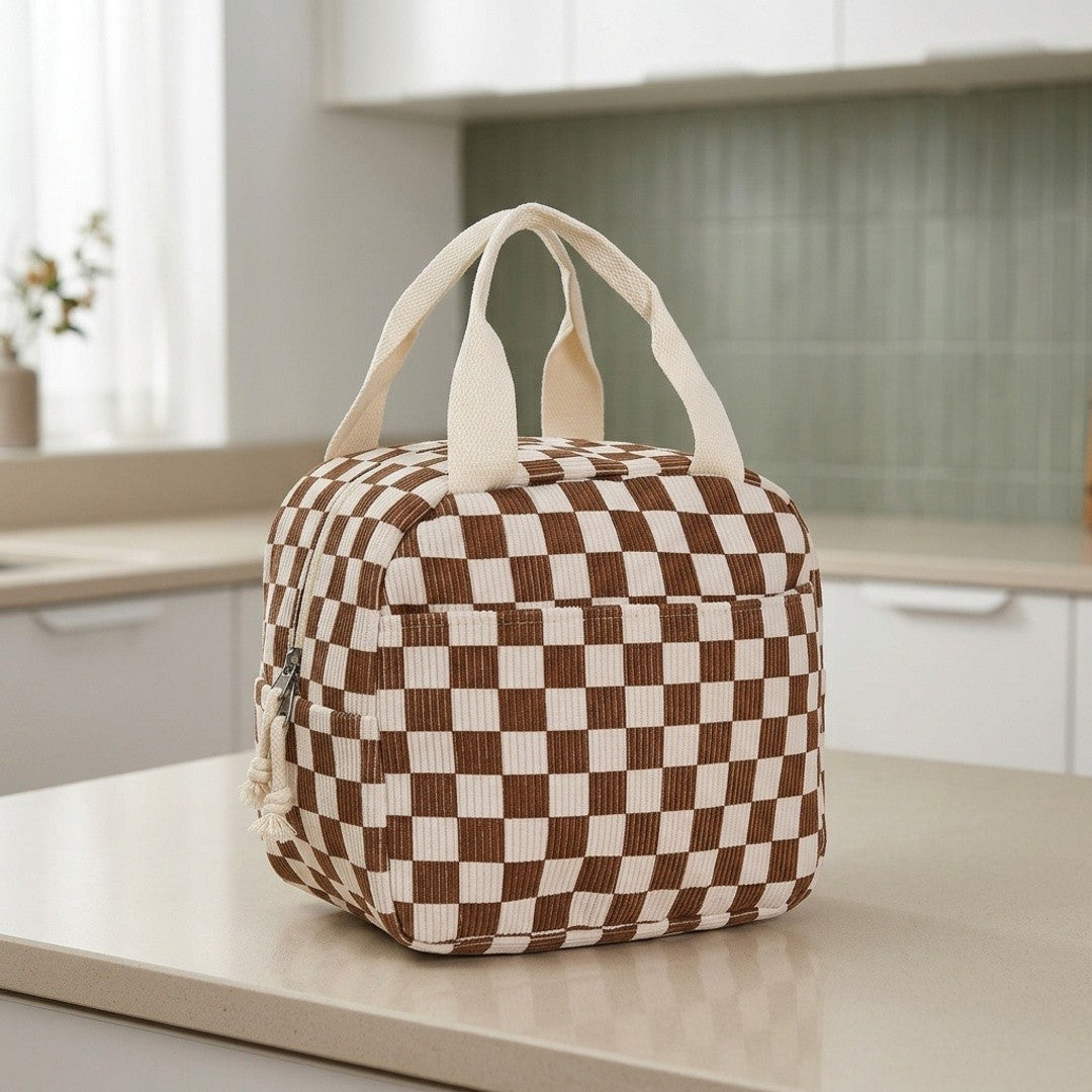 Checkered Zip Top Lunch Bag Insulated Small Tote with Handle Portable Food Carrier
