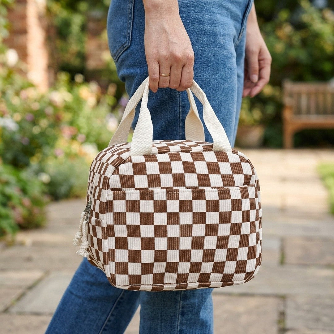 Checkered Zip Top Lunch Bag Insulated Small Tote with Handle Portable Food Carrier